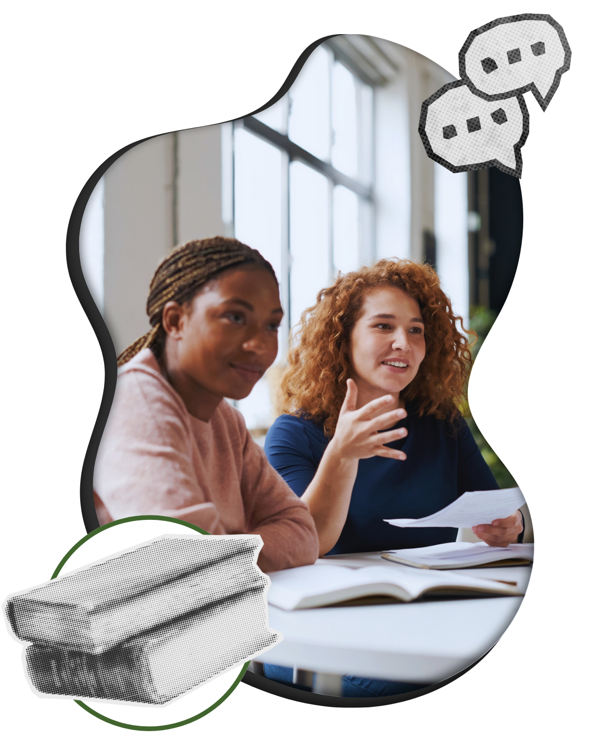 Two women speaking at an organizational meeting